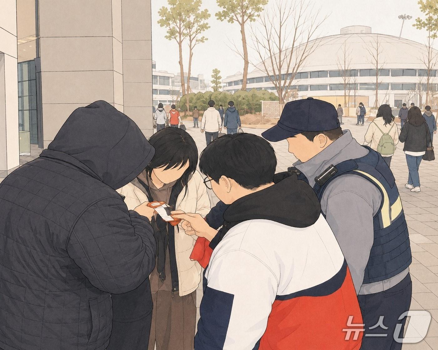 본문 이미지 - 문화체육관광부와 경찰청 국가수사본부가 입장권 부정구매 매크로 수사 대응을 예매처와 함께 강화한다. 삽화는 2025년 10월 포스트시즌 플레이오프 암표단속 모습
