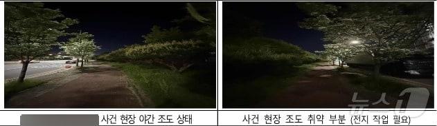 본문 이미지 - 광주 여고생 피습 사건 현장 범죄 안전 진단 결과 조도가 취약한 모습. (광산경찰 제공. 재판매 및 DB 금지) 