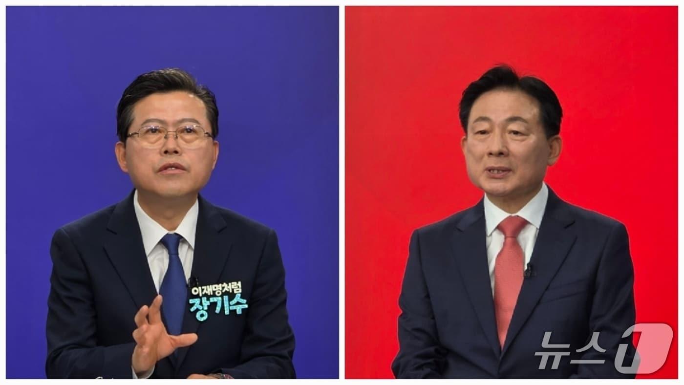 본문 이미지 -  왼쪽부터 장기수, 박찬우 천안시장 후보./뉴스1