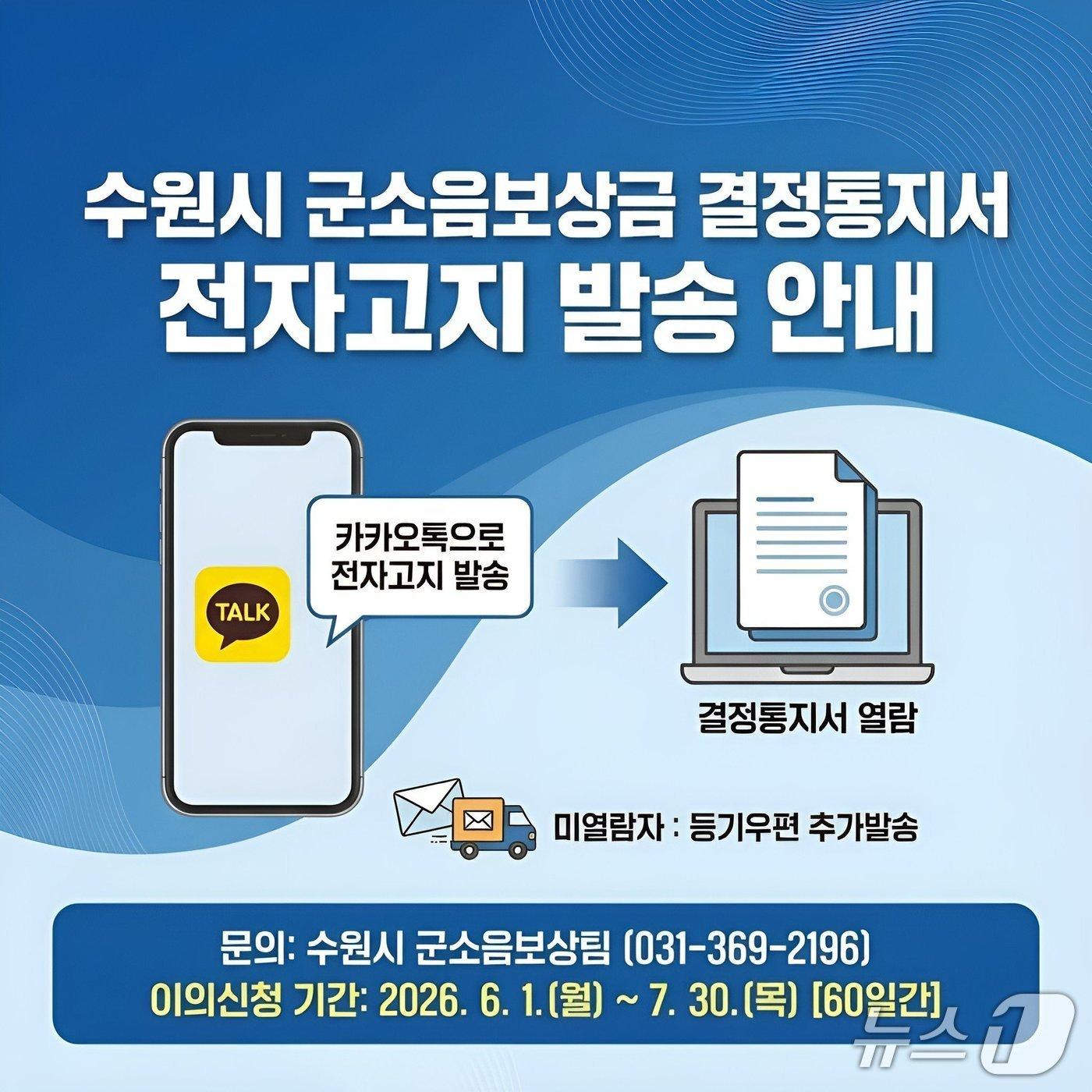 본문 이미지 - 수원시 군소음보상금 결정통지서 '모바일 전자고지' 홍보물. (수원시 제공. 재판매 및 DB 금지) 2026.5.14/뉴스1