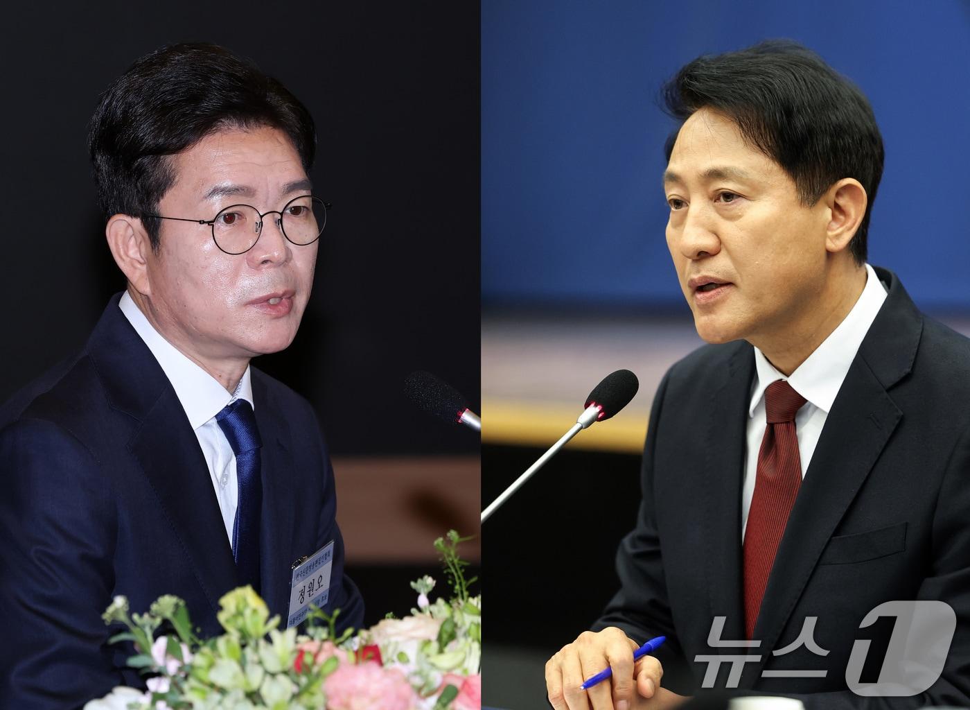 본문 이미지 - 정원오 더불어민주당 서울시장 후보(왼쪽)와 오세훈 국민의힘 서울시장 후보가 14일 서울 중구 대한상공회의소 국제회의장에서 열린 한국신문방송편집인협회 초청 포럼에 참석해 발언하고 있다. 2026.5.14 ⓒ 뉴스1 임지훈 인턴기자