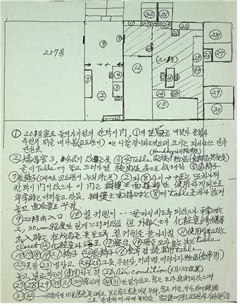 본문 이미지 - 이희호 여가가 작성한 서울대병원 감옥병실 구조도(1978년) (한길사 제공)