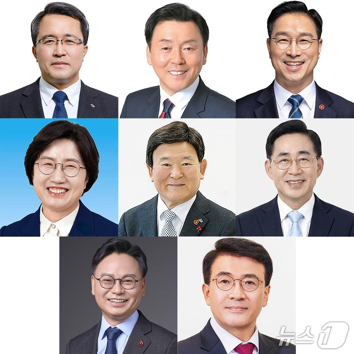 본문 이미지 - (이름순·첫째 줄 왼쪽부터) 제주도지사 선거에 출마한 국민의힘 문성유 후보, 무소속 양윤녕 후보, 더불어민주당 위성곤 후보, (둘째 줄 왼쪽부터) 제주도교육감 선거에 출마한 고의숙 후보와 현역인 김광수 후보, 송문석 후보, (셋째 줄 왼쪽부터) 서귀포시 국회의원 보궐선거에 출마한 국민의힘 고기철 후보, 더불어민주당 김성범 후보.