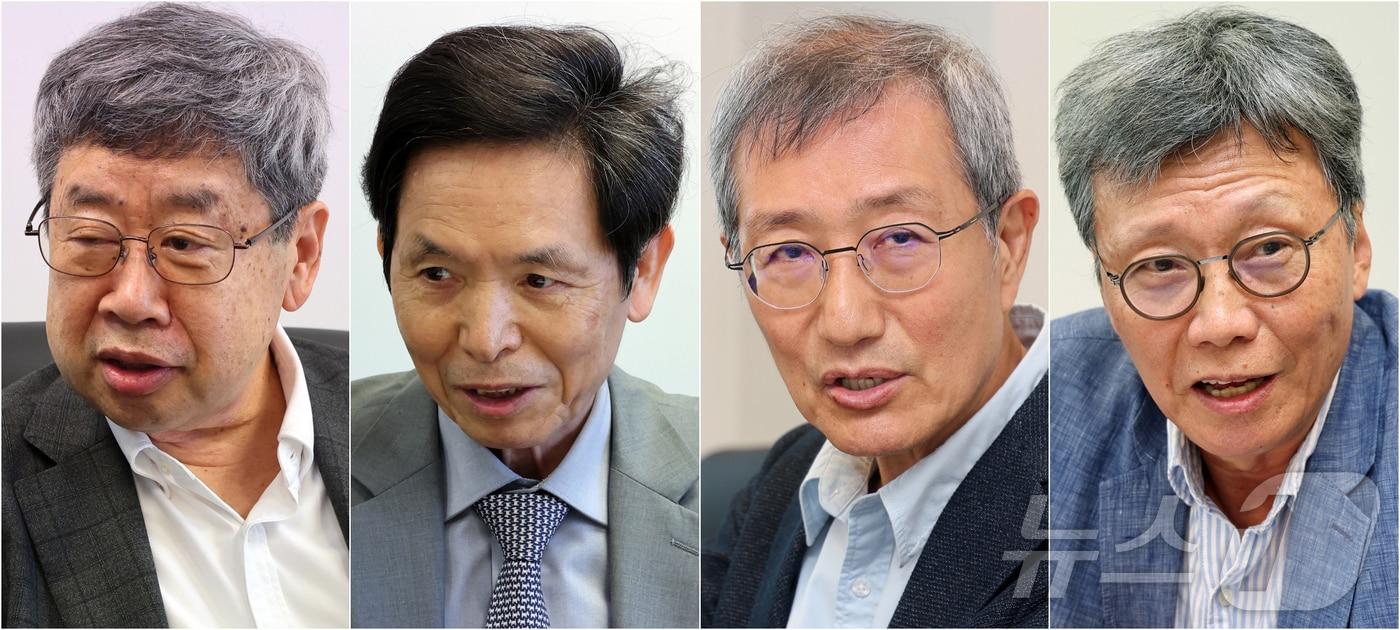본문 이미지 - 조동근 명지대학교 경제학과 명예교수(왼쪽부터), 최준선 성균관대학교 법학전문대학원 명예교수, 이홍 광운대 경영학부 명예교수, 이병훈 중앙대학교 사회학과 명예교수가 14일 서울 종로구 뉴스1 본사에서 열린 '삼성전자 성과급 갈등 어떻게 풀어야 하나' 긴급 좌담회에 참석해 발언하고 있다. 2026.5.14 ⓒ 뉴스1 김진환 기자