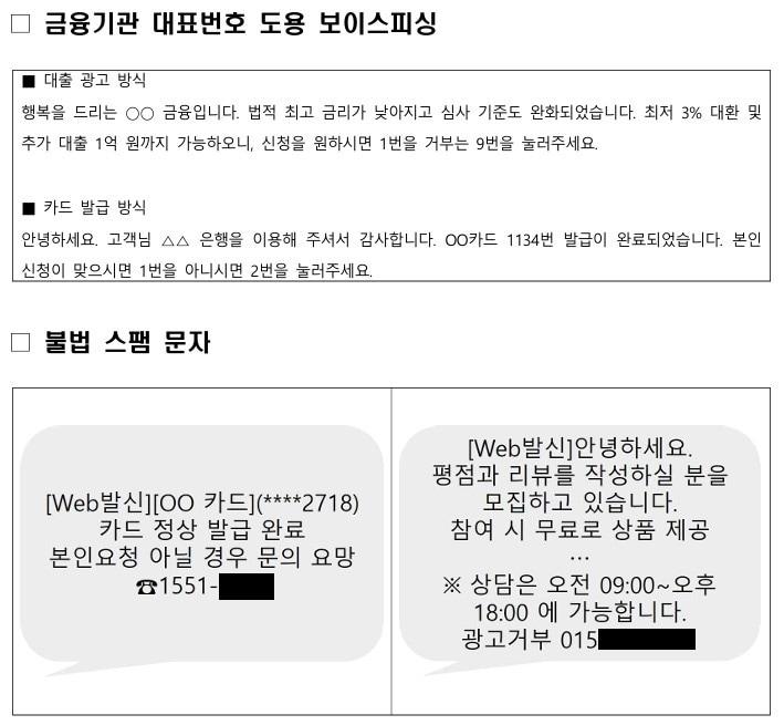 본문 이미지 - 보이스피싱·불법 스팸 문자 사례(한국인터넷진흥원 제공. 재판매 및 DB금지)
