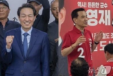 본문 이미지 - 민선 9기 강원특별자치도지사 선거에 도전하는 우상호 더불어민주당 후보와 김진태 국민의힘 후보. (두 후보 캠프 체공. 재판매 및 DB금지) 2026.5.16/뉴스1