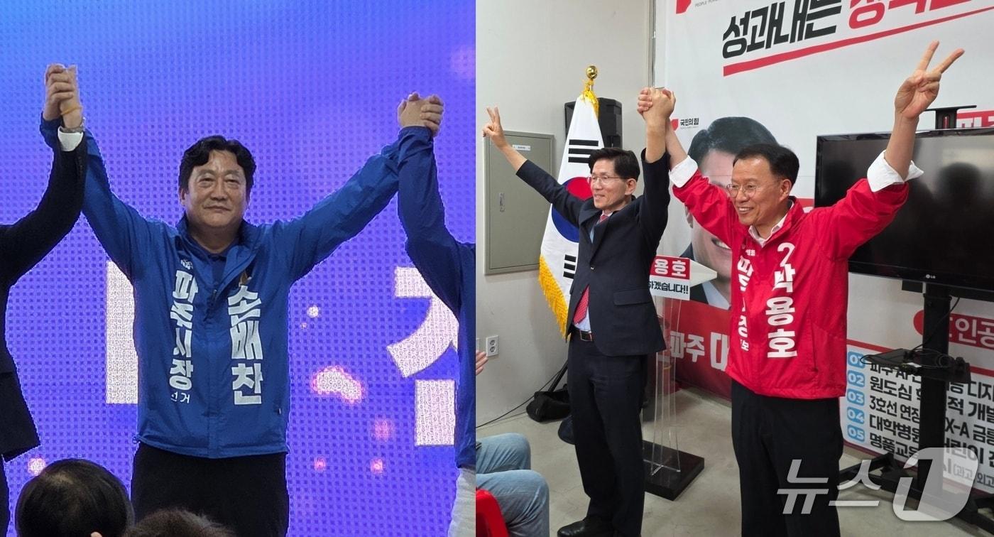 본문 이미지 - 16일 경기 파주시장에 도전하는 민주당 손배찬 후보(왼쪽)과 국민의힘 박용호 후보가 선거사무소 개소식에서 지지자들에게 인사하고 있다. (후보 캠프 제공, 재판매 및 DB금지) 