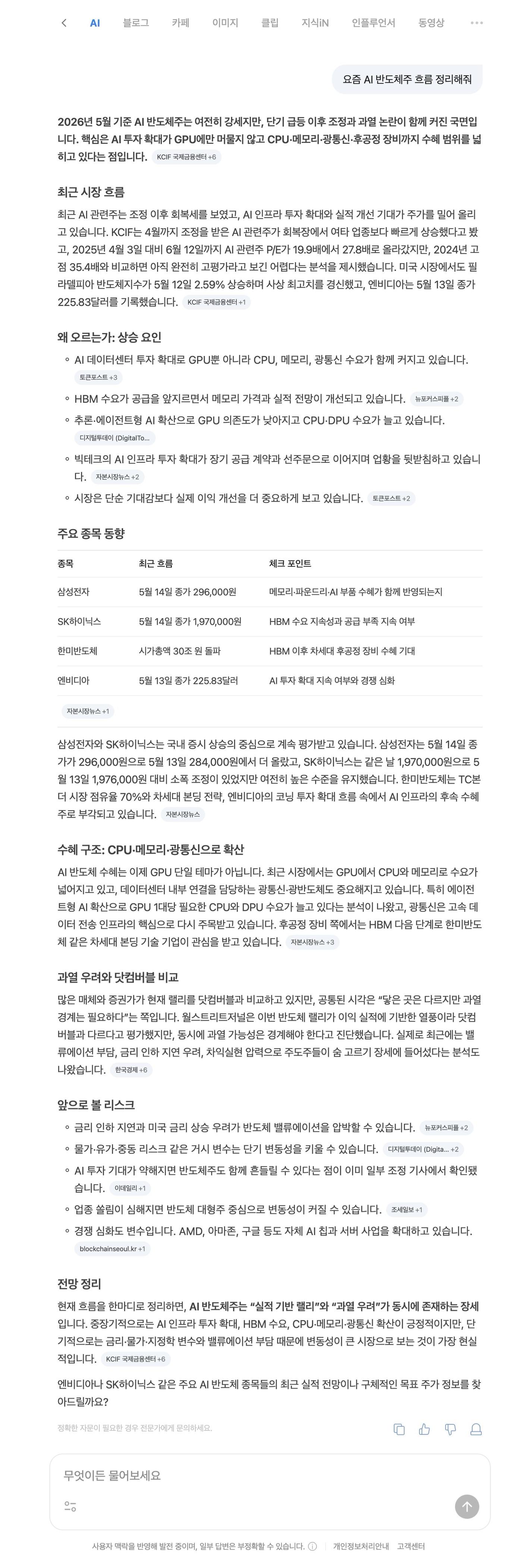 본문 이미지 - 네이버 AI탭에 '반도체주 흐름을 정리해달라'고 요청한 결과 (네이버 AI탭 갈무리)