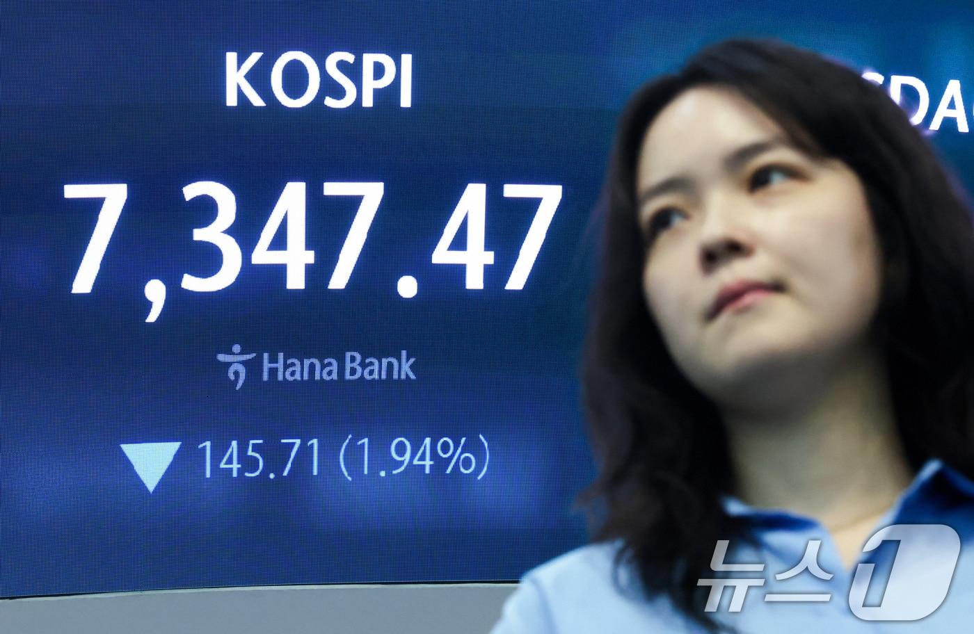 본문 이미지 - 코스피가 하락 개장한 18일 오전 서울 중구 하나은행 본점 딜링룸 전광판에 코스피 지수가 표시되고 있다. 이날 코스피는 전 거래일 대비 48.89포인트(0.67%) 내린 7443.29에 거래를 시작했다. 2026.5.18 ⓒ 뉴스1 임지훈 인턴기자