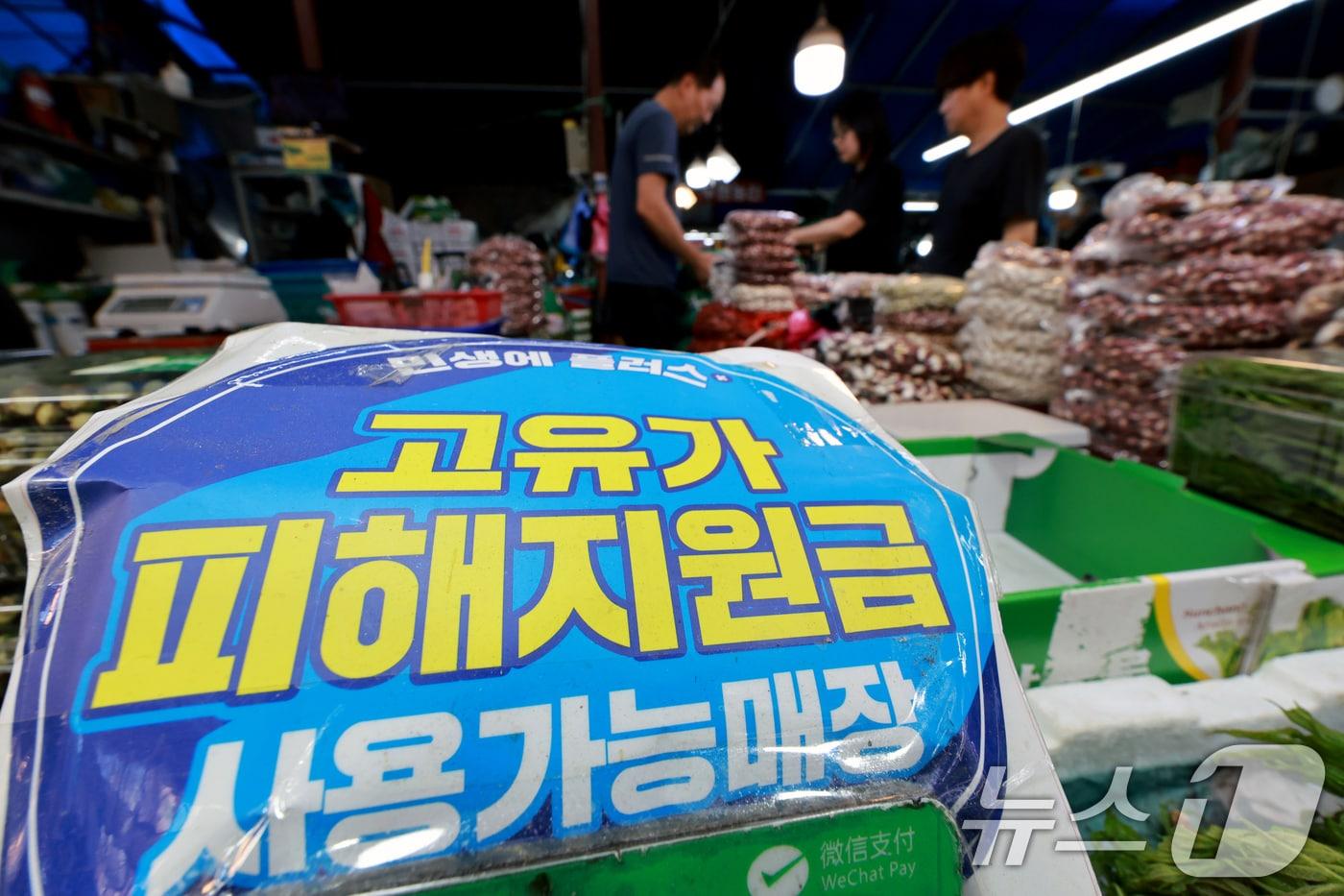 본문 이미지 - 고유가 피해지원금 2차 지급을 시작한 18일 서울 동대문구 청량리종합시장에 피해지원금 사용 가능 안내문이 붙어 있다. 이날부터 신청 기간은 7월 3일 오후 6시까지이며 1차 지급 대상 가운데 아직 고유가 지원금을 신청하지 않은 28만3712명도 이 기간 동안 신청할 수 있다. 2026.5.18 ⓒ 뉴스1 이호윤 기자