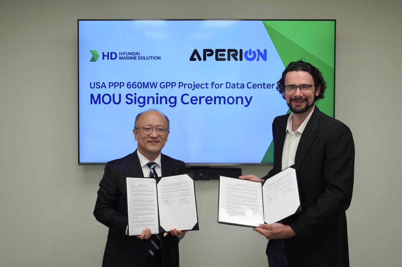 본문 이미지 - HD현대마린솔루션은 최근 미국 에너지 인프라 개발 기업 AEG(Aperion Energy Group)와 데이터센터 전력용 엔진 유지·보수를 위한 업무협약을 체결했다.(HD현대마린솔루션 제공)