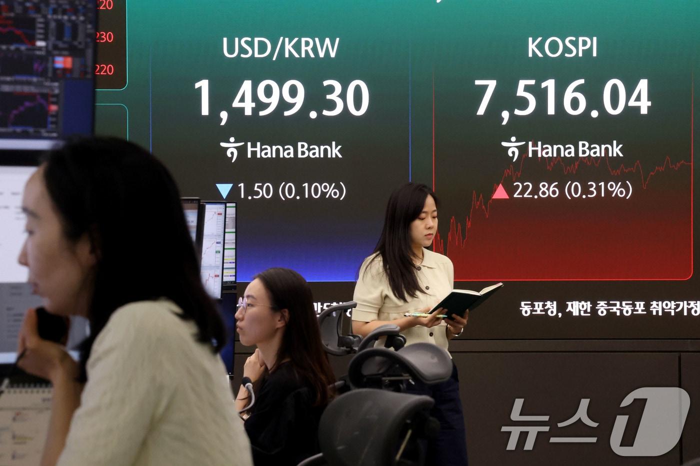 본문 이미지 - 코스피가 극심한 변동성 끝에 7500선을 회복한 18일 오후 서울 중구 하나은행 딜링룸 현황판에 전장대비 22.86포인트(0.31%) 상승한 7,516.04를 나타내고 있다.  2026.5.18 ⓒ 뉴스1 이광호 기자