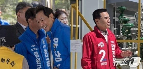 본문 이미지 - 민선 9기 강원지사 선거에 도전하는 우상호 더불어민주당 후보와 김진태 국민의힘 후보가 노동절인 1일 각각 철원과 삼척을 찾아 표심을 살피는 일정을 소화했다. (두 후보 측 제공. 재판매 및 DB금지) 2026.5.1/뉴스1