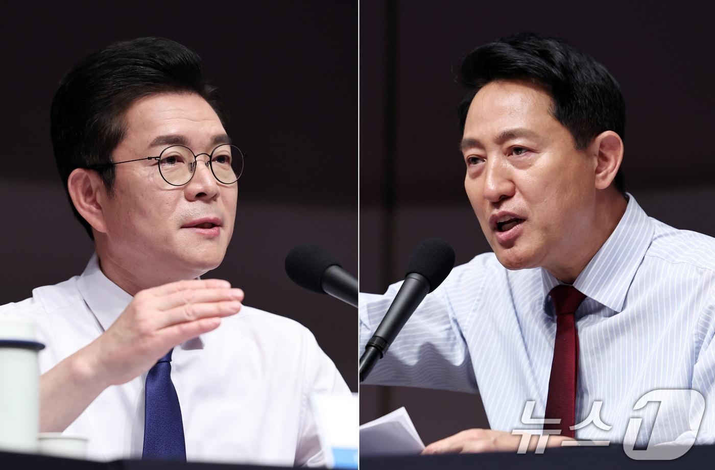 본문 이미지 - 정원오 더불어민주당 서울시장 후보(왼쪽)와 오세훈 국민의힘 서울시장 후보가 20일 오전 서울 중구 한국프레스센터에서 열린 관훈클럽 초청 토론회에서 각각 발언하고 있다. 2026.5.20 ⓒ 뉴스1 구윤성 기자