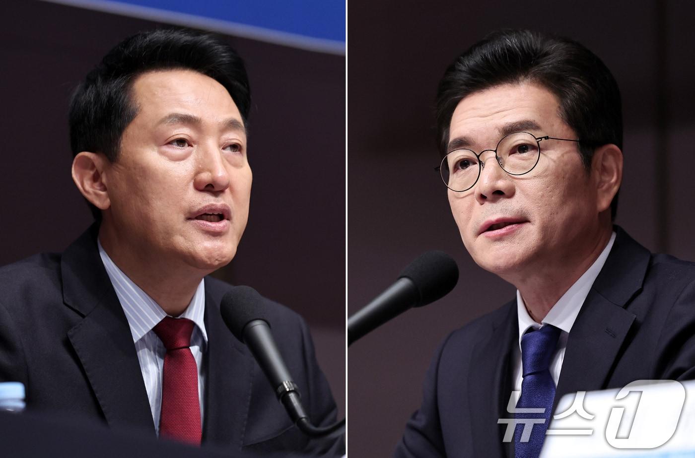 본문 이미지 - 정원오 더불어민주당 서울시장 후보(왼쪽)와 오세훈 국민의힘 서울시장 후보가 20일 오전 서울 중구 한국프레스센터에서 열린 관훈클럽 초청 토론회에서 각각 발언하고 있다. 2026.5.20 ⓒ 뉴스1 구윤성 기자