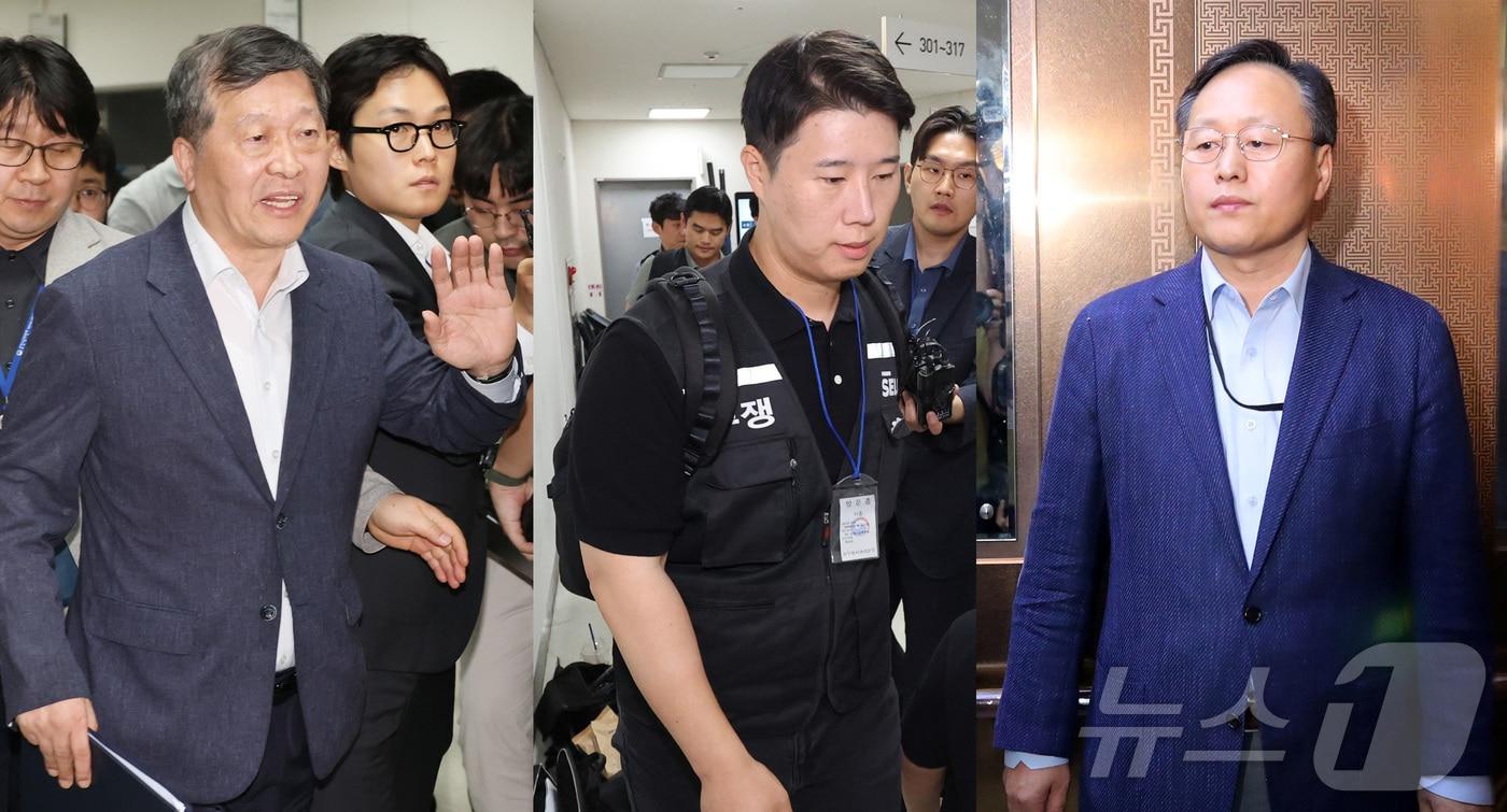 본문 이미지 - 박수근 중노위원장,최승호 삼성그룹 초기업노동조합 삼성전자지부 위원장, 여명구(디바이스솔루션·반도체 사업 담당 피플팀장) 삼성전자 사측 대표교섭위원이 총파업 예고시점을 하루 앞둔 20일 정부세종청사 중앙노동위원회에서 열린 사후조정 회의를 마친 뒤 협상 결렬 후 퇴장하고 있다. 삼성 노사는 이날 오후 4시부터 김영훈 장관 주재로 교섭을 재개했다. 2026.5.20 ⓒ 뉴스1 김기남 기자