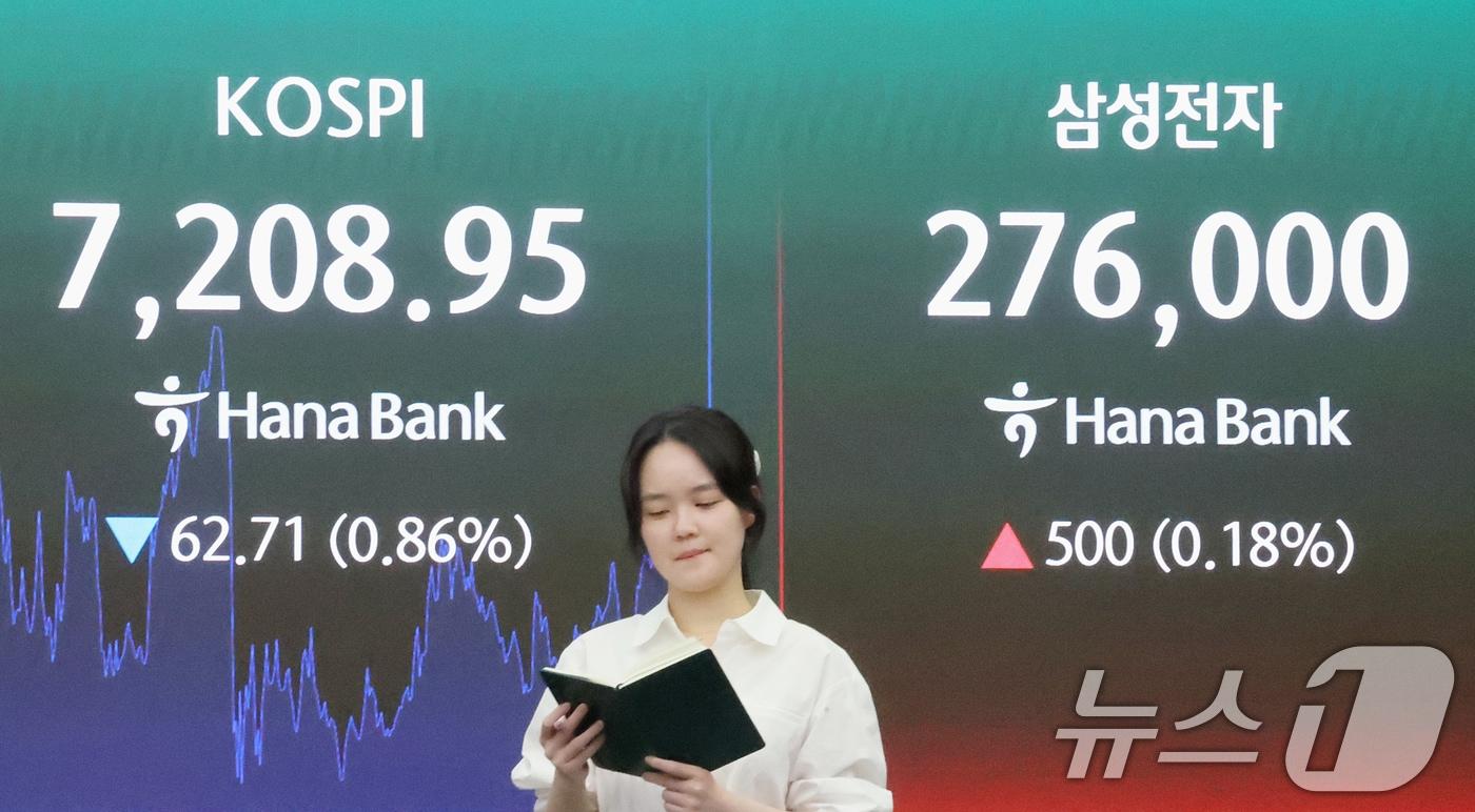 본문 이미지 - 삼성전자 노사의 2차 사후조정 회의 결렬에 총파업을 하루 앞둔 20일 오후 서울 중구 하나은행 딜링룸 전광판에 삼성전자 종가가 표시되고 있다. 2026.5.20 ⓒ 뉴스1 조연우 인턴기자