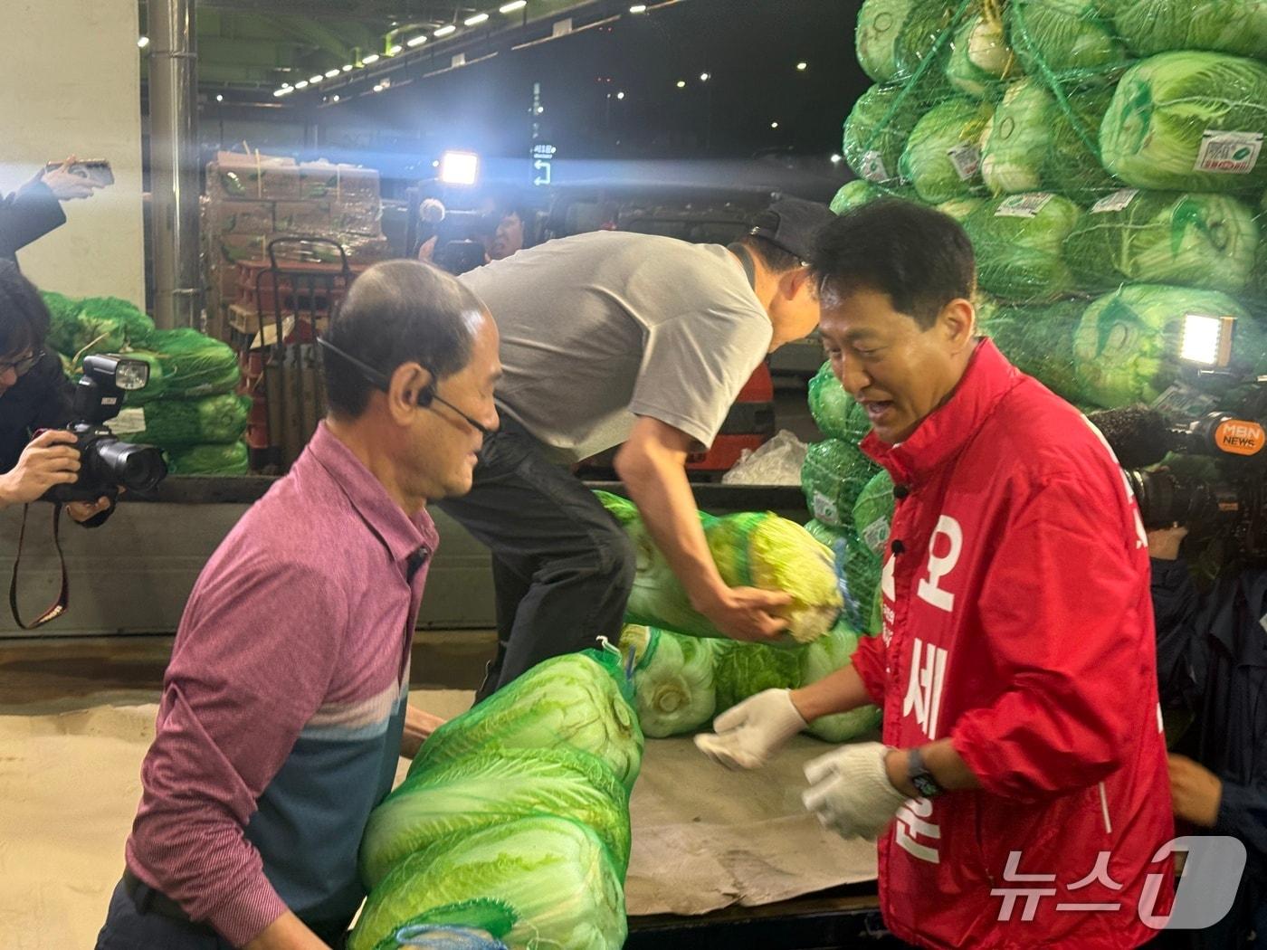 본문 이미지 - 오세훈 국민의힘 서울시장 후보가 공식 선거운동이 시작되는 21일 가락동 농수산물 도매시장을 찾아 배추를 나르고 있다.뉴스1 구진욱 기자