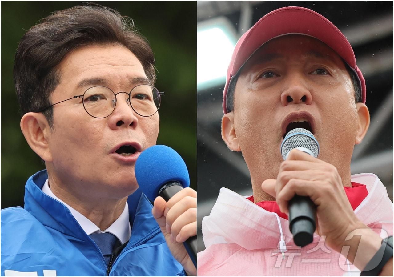 본문 이미지 - 정원오 더불어민주당 서울시장 후보가 제9회 전국동시지방선거 공식 선거운동이 시작된 21일 서울 성동구 왕십리역 광장에서 열린 출정식에서 지지를 호소하고 있다. 오른쪽은 서울 강북구 삼양사거리에서 열린 첫 유세에서 지지를 호소하는 오세훈 국민의힘 서울시장 후보. 2026.5.21 ⓒ 뉴스1 오대일 기자,박지혜 기자