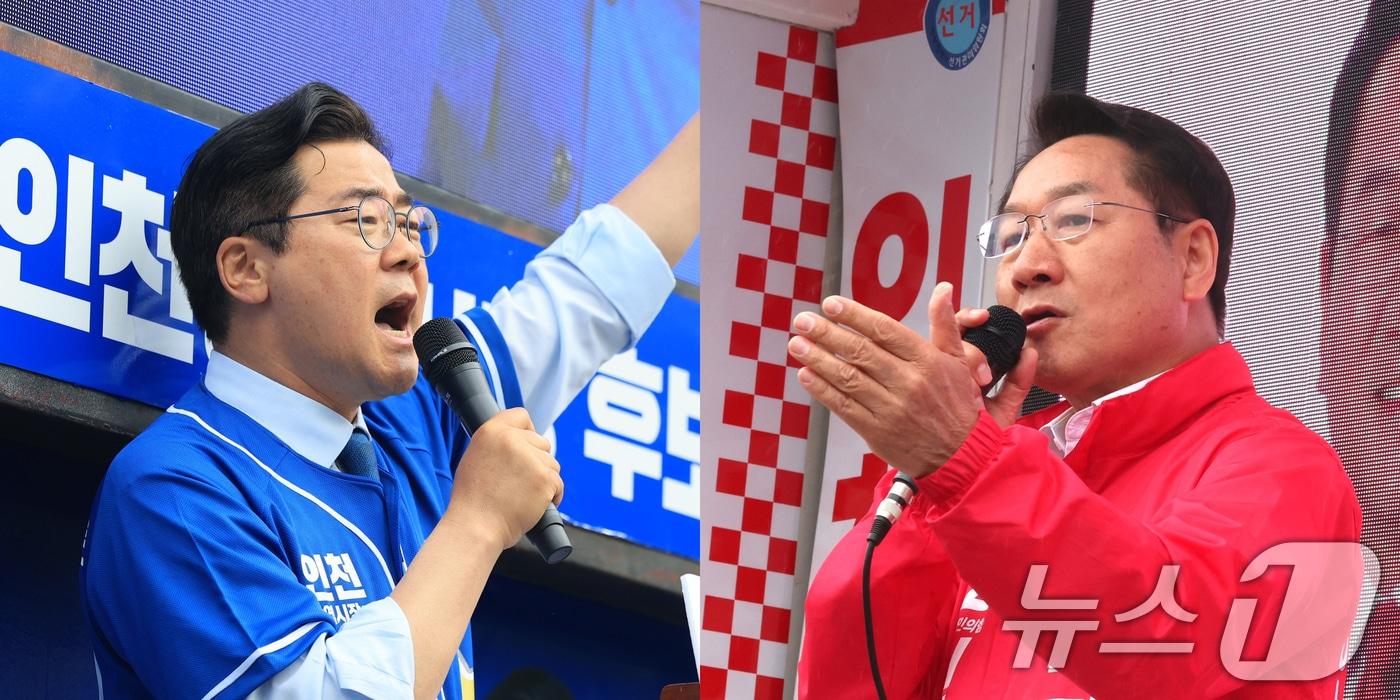 본문 이미지 - 박찬대 더불어민주당 인천시장 후보(왼쪽)와 유정복 국민의힘 인천시장 후보가 제9회 전국동시지방선거 공식 선거운동 첫날인 21일 각각 인천 미추홀구 옛 시민회관 쉼터와 연수구 연수역 앞에서 열린 출정식에서 유권자들에게 지지를 호소하고 있다. (공동취재) 2026.5.21 ⓒ 뉴스1 이호윤 기자
