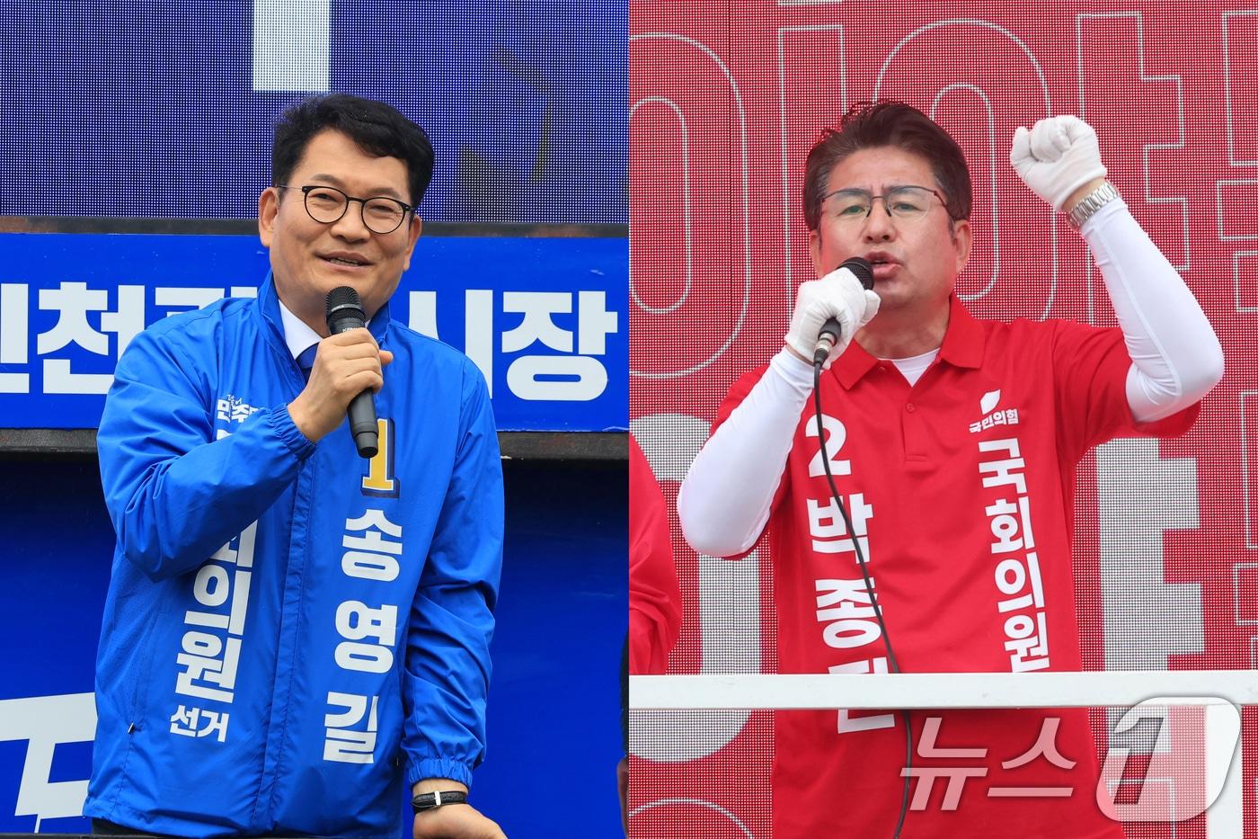 본문 이미지 - 송영길 연수구갑 국회의원 후보(왼쪽)와 박종진 연수갑 국회의원 후보가 6·3 지방선거 및 국회의원 재보궐선거 공식 선거운동 첫날인 21일 각각 인천 미추홀구 옛 시민회관 쉼터와 연수구 연수역 앞에서 열린 인천시장 후보 출정식에서 지지를 호소하고 있다. (공동취재) 2026.5.21 ⓒ 뉴스1 이호윤 기자