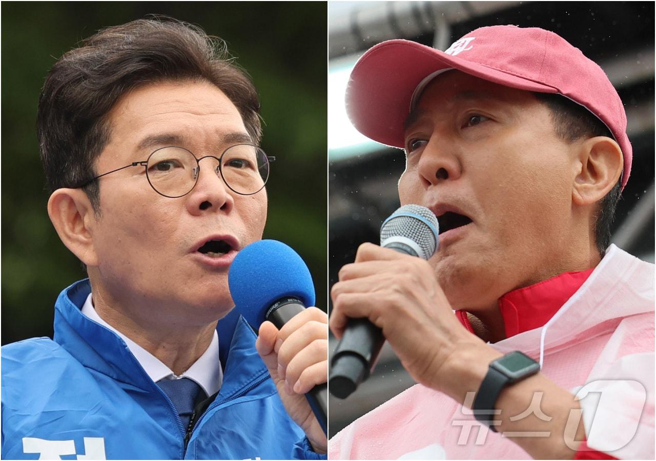 본문 이미지 - 정원오 더불어민주당 서울시장 후보(왼쪽)와 오세훈 국민의힘 서울시장 후보가 제9회 전국동시지방선거 공식 선거운동이 시작된 21일 서울 성동구 왕십리역 광장과 강북구 삼양사거리에서 유권자들에게 지지를 호소하고 있다. 2026.5.21 ⓒ 뉴스1 김진환 기자