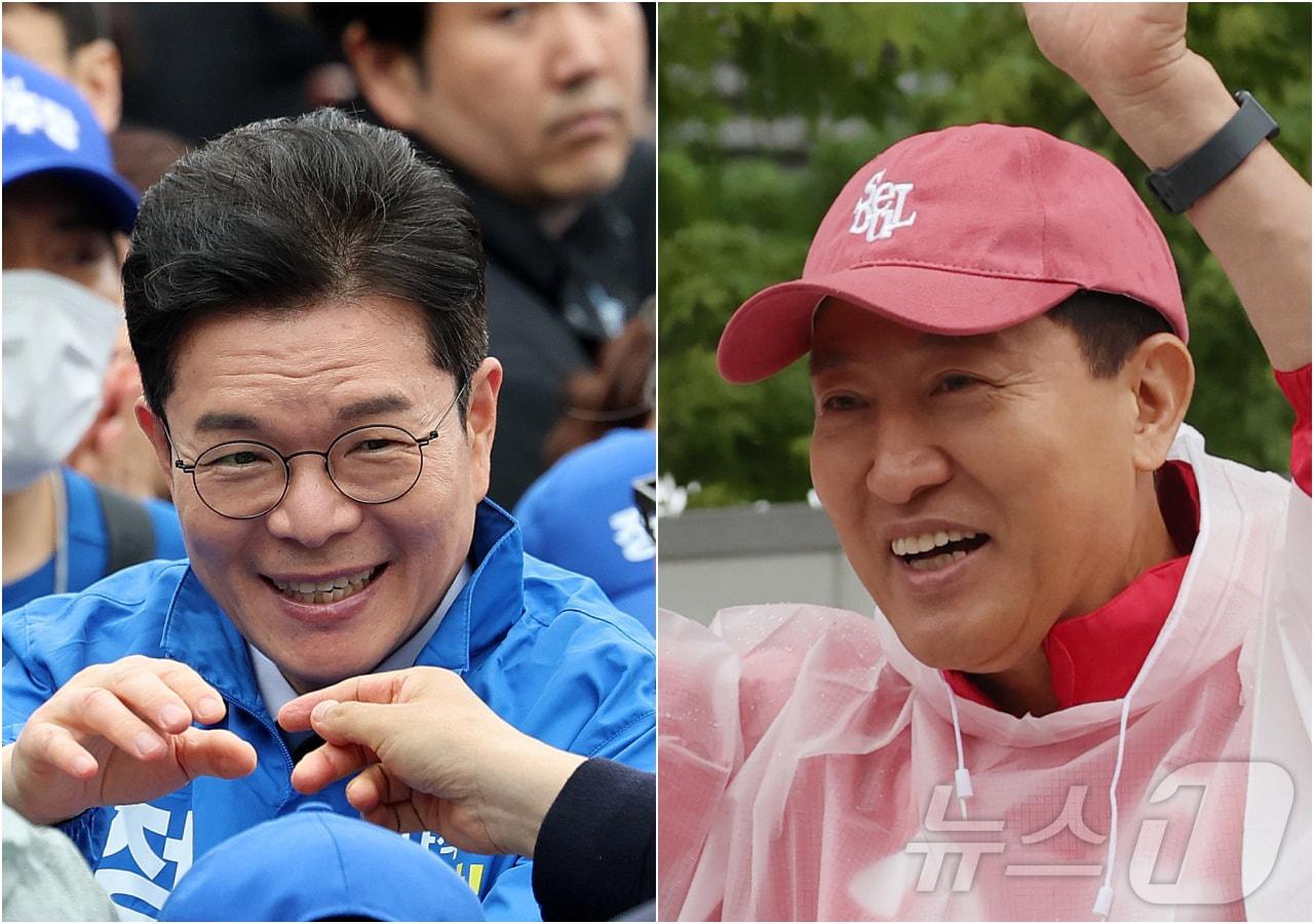 본문 이미지 - 정원오 더불어민주당 서울시장 후보(왼쪽)와 오세훈 국민의힘 서울시장 후보가 제9회 전국동시지방선거 공식 선거운동이 시작된 21일 서울 성동구 왕십리역 광장과 강북구 삼양사거리에서 유권자들에게 지지를 호소하고 있다. 2026.5.21 ⓒ 뉴스1 오대일 기자,박지혜 기자