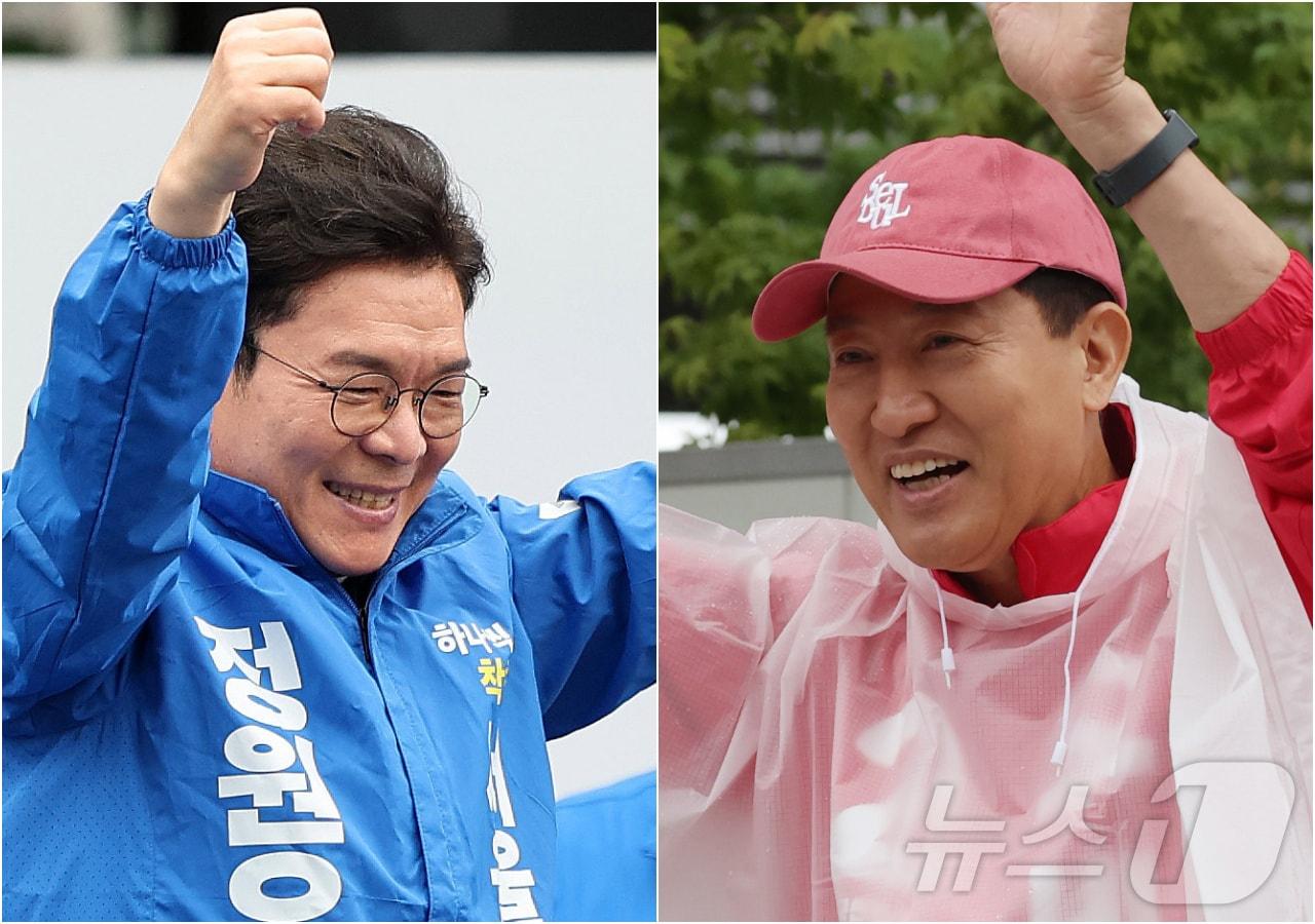 본문 이미지 - 정원오 더불어민주당 서울시장 후보(왼쪽)와 오세훈 국민의힘 서울시장 후보가 제9회 전국동시지방선거 공식 선거운동이 시작된 21일 서울 성동구 왕십리역 광장과 강북구 삼양사거리에서 유권자들에게 지지를 호소하고 있다. 2026.5.21 ⓒ 뉴스1 김진환 기자