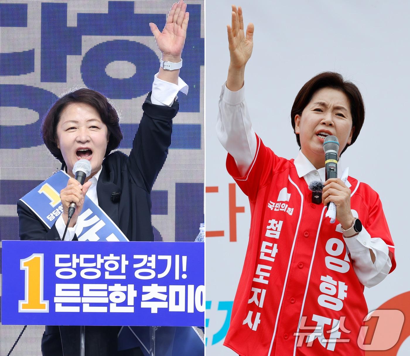 본문 이미지 - 추미애(왼쪽) 더불어민주당, 양향자 국민의힘 경기도지사 후보가 제9회 전국동시지방선거 공식 선거운동이 시작된 21일 각각 경기 성남시 서현역, 수원시 남문시장 입구에서 지지를 호소하고 있다. 2026.5.21 ⓒ 뉴스1 안은나 기자,신웅수 기자
