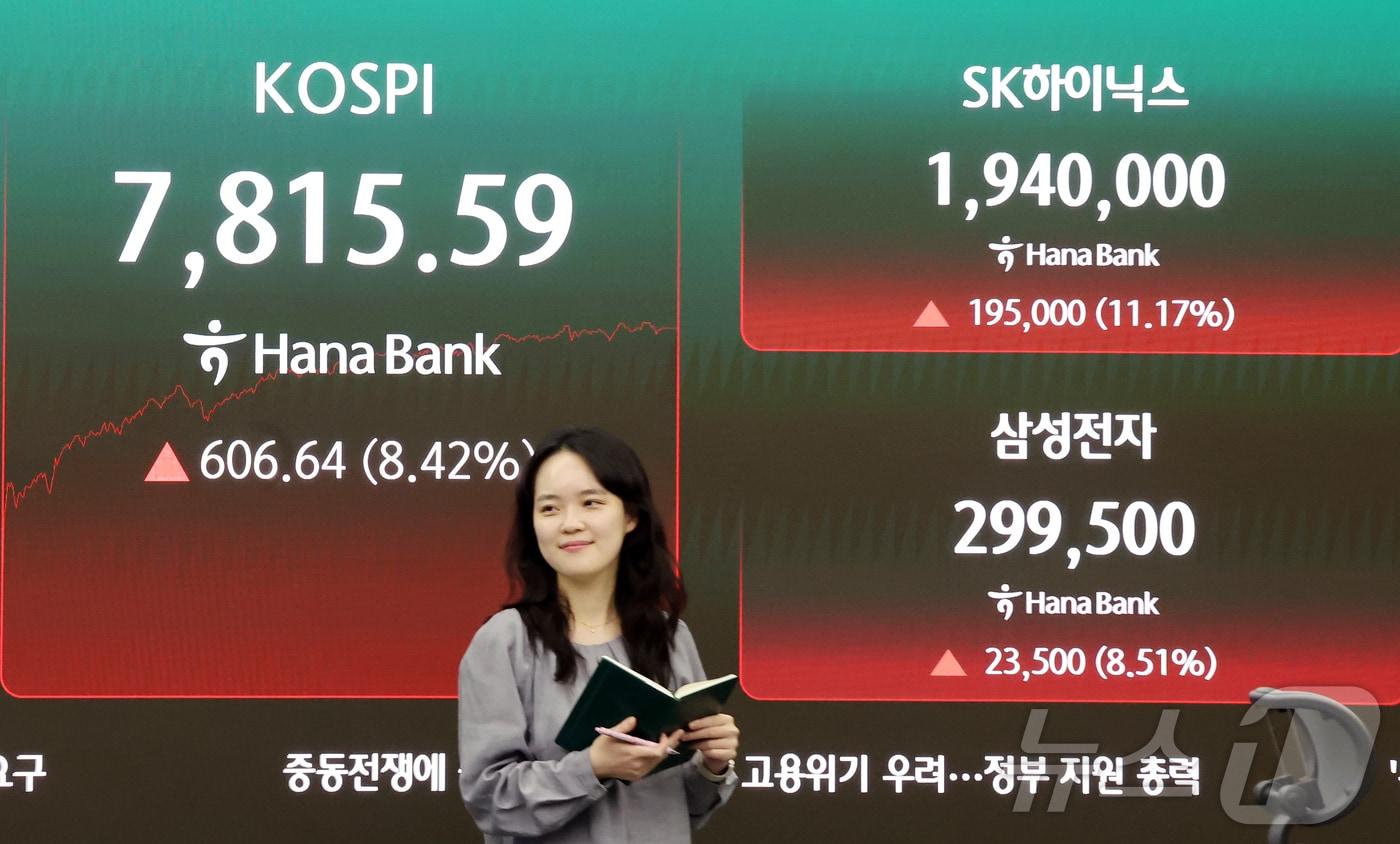 본문 이미지 - 21일 오후 서울 중구 하나은행 딜링룸 전광판에 코스피 종가와 삼성전자·SK하이닉스 주가가 표시돼있다. 2026.5.21 ⓒ 뉴스1 김진환 기자