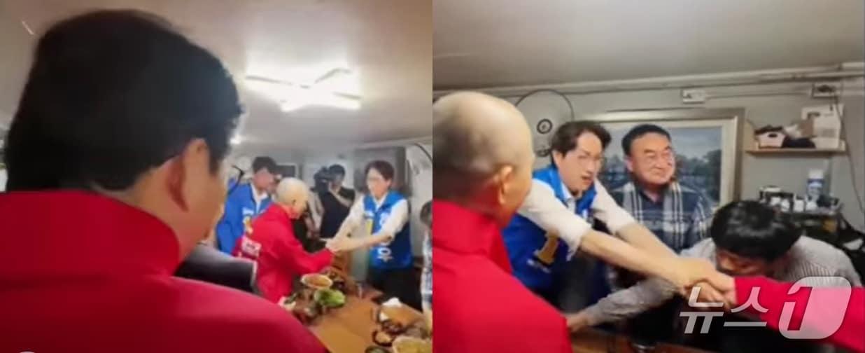 본문 이미지 - 22일 부산 만덕시장에서 마주친 부산북구갑 국민의힘 박민식 후보와 더불어민주당 하정우 후보가 인사를 나누고 있다. 박 후보 지원에 나선 신동욱 국민의힘 최고위원(왼쪽 사진 뒷 모습·오른쪽 사진 손)은 하 후보에게 악수를 청하면서 '화이팅 신동욱입니다'라고 인사했다. (SNS 갈무리) ⓒ 뉴스1   