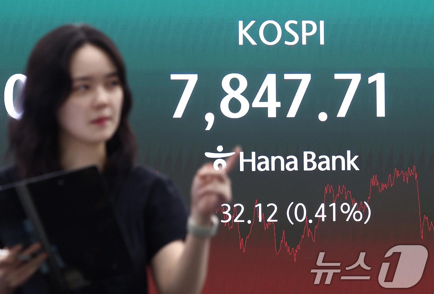 본문 이미지 - 22일 오후 서울 중구 하나은행 본점 딜링룸 전광판에 코스피 종가가 나오고 있다. 2026.5.22 ⓒ 뉴스1 김민지 기자