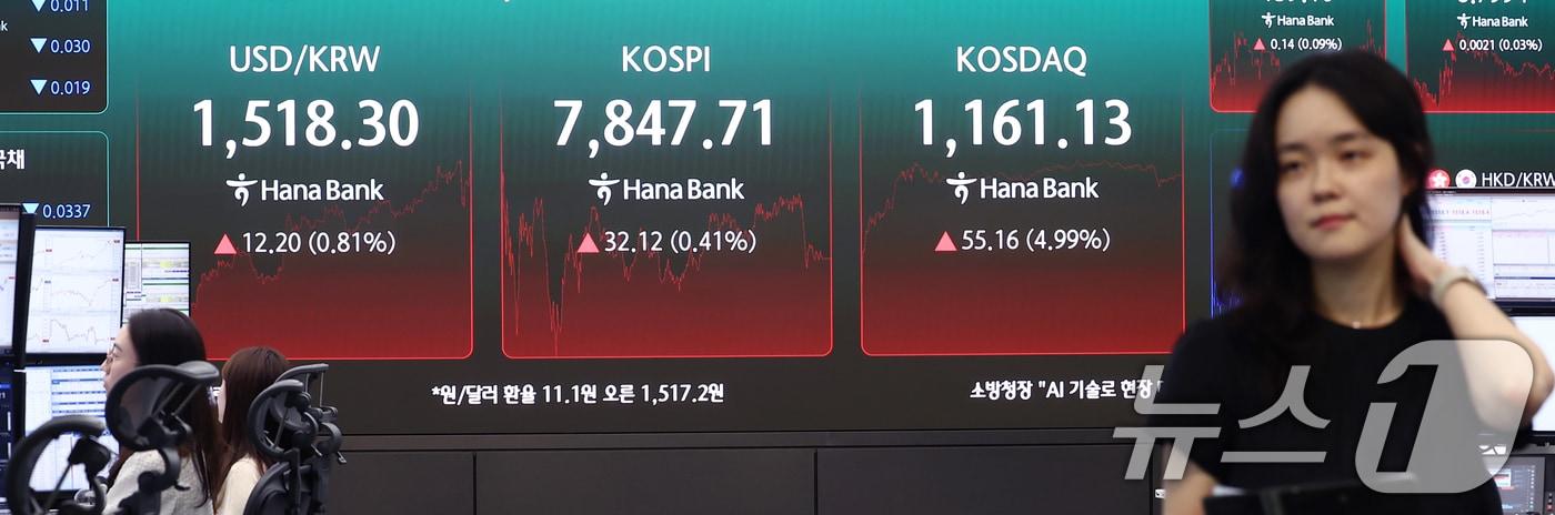 본문 이미지 - 22일 오후 서울 중구 하나은행 본점 딜링룸 전광판에 코스피 종가가 나오고 있다. 2026.5.22 ⓒ 뉴스1 김민지 기자