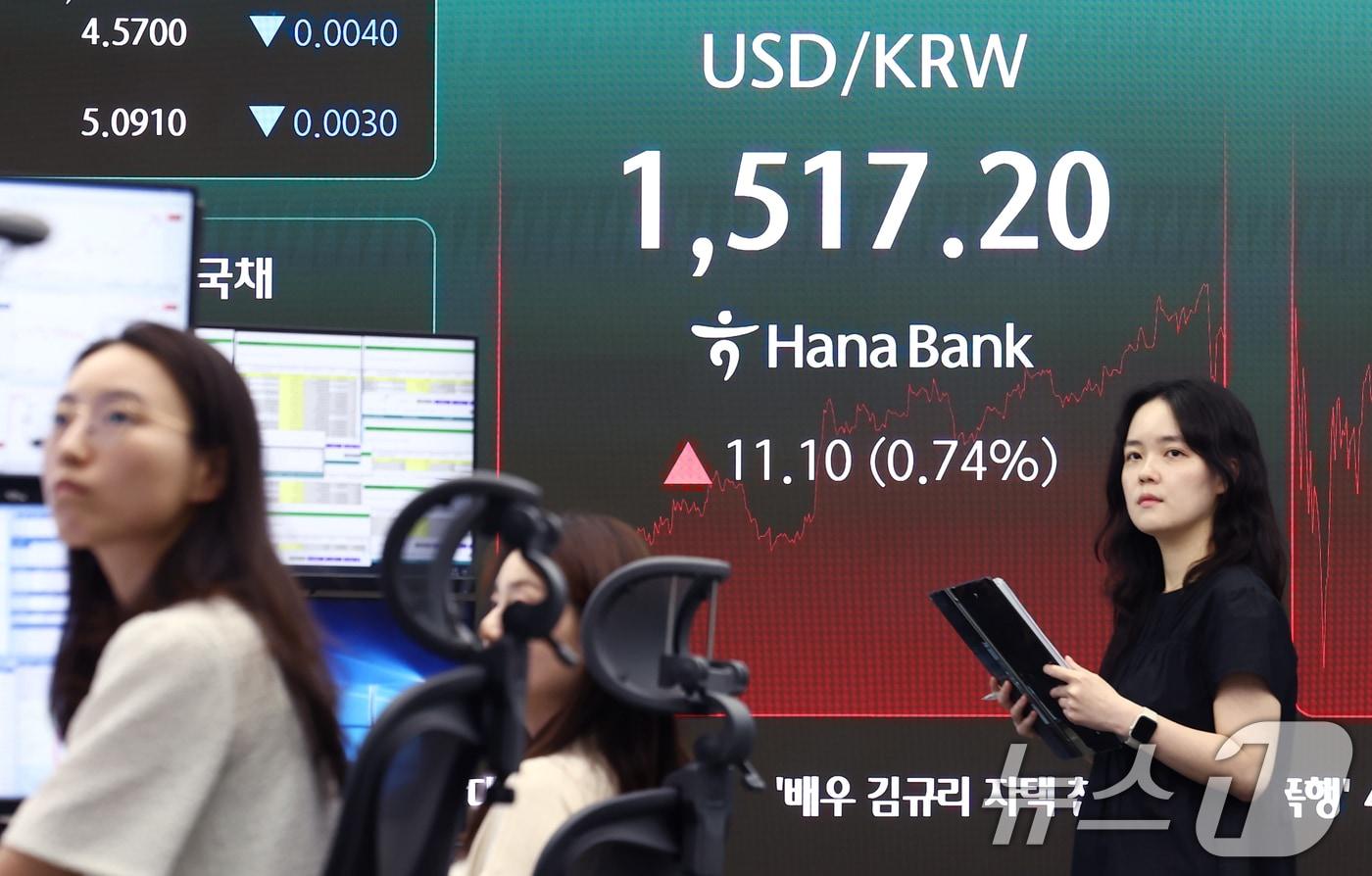 본문 이미지 - 코스피가 전 거래일(7815.59)보다 32.12포인트(0.41%) 오른 7847.71에 장을 마감한 22일 오후 서울 중구 하나은행 본점 딜링룸 전광판에 원·달러 환율이 나오고 있다. 2026.5.22 ⓒ 뉴스1 김민지 기자