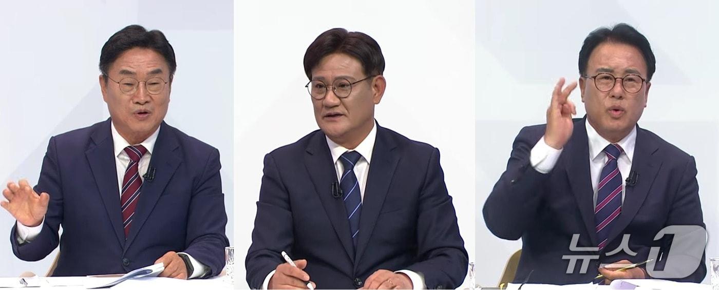 본문 이미지 - 22일 MBC경남이 진행한 경남교육감 후보 초청 토론회에 참석한 권순기, 송영기, 오인태 후보.(MBC경남 유튜브 생중계 갈무리. 재편집.)