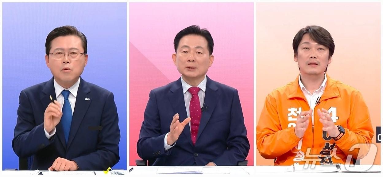 본문 이미지 - 천안시장 후보 토론회. 사진 왼쪽부터 더불어민주당 장기수, 국민의힘 박찬우, 개혁신당 이성진 후보./뉴스1