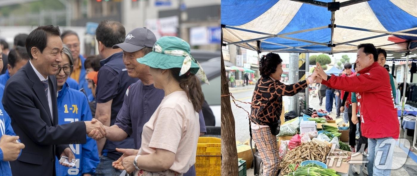 본문 이미지 - 6·3 지방선거 공식선거운동 첫 주말인 23일 삼척을 찾은 우상호 더불어민주당 강원도지사 후보(사진 왼쪽)와 동해 북평 오일장에 시민과 만나는 김진태 국민의힘 후보.(각 후보 캠프 제공, 재판매 및 DB 금지) 2026.5.23/뉴스1