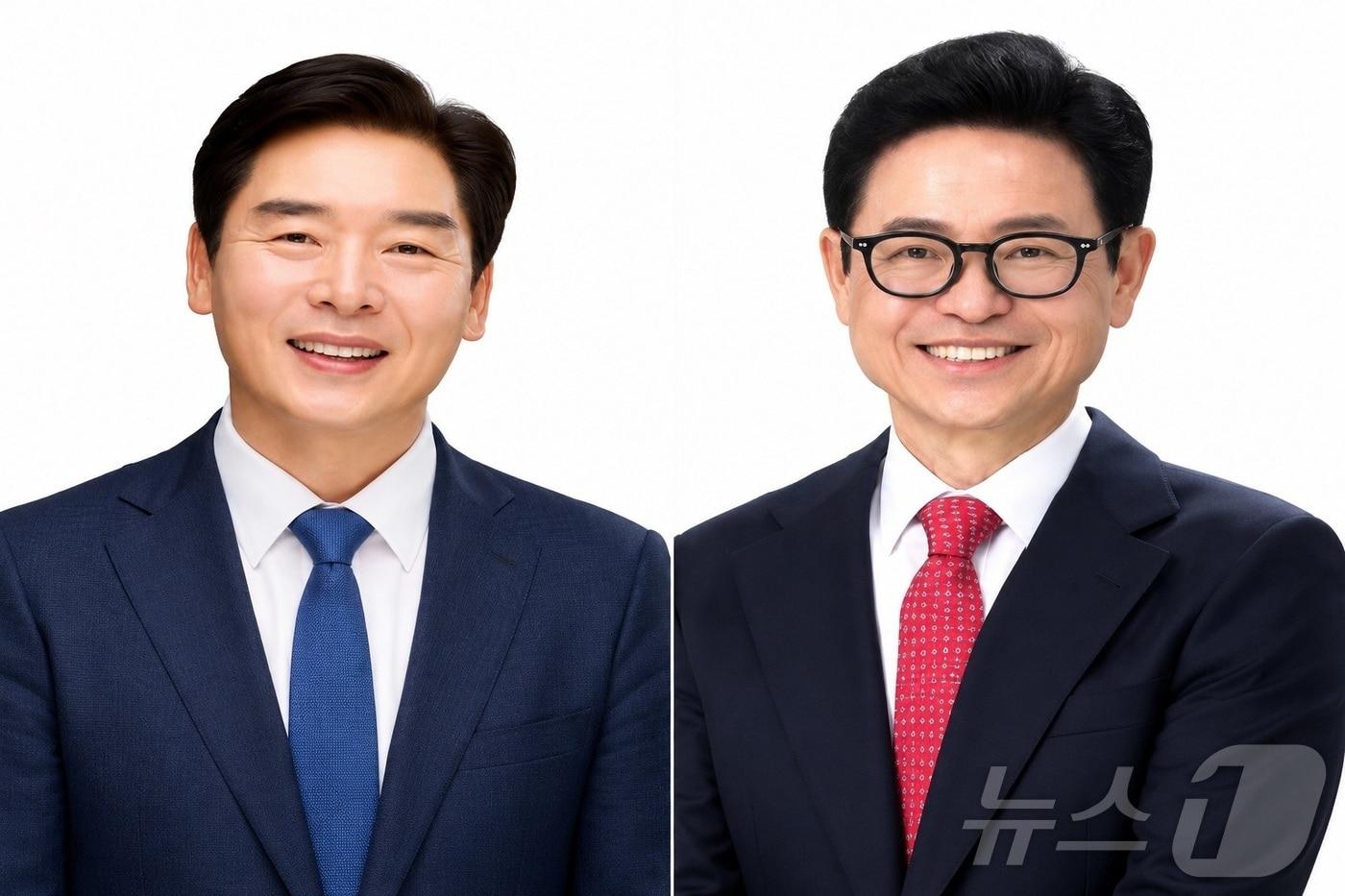 본문 이미지 - 제9회 전국동시지방선거 경북도지사 후보들의 5대 공약을 보면 더불어민주당 오중기 후보와 국민의힘 이철우 후보는 대구·경북 행정통합, 통합신공항, 영일만항, 첨단산업 육성을 공통 의제로 내걸었다.사진은 왼쪽부터 오중기,이철우/뉴스1
