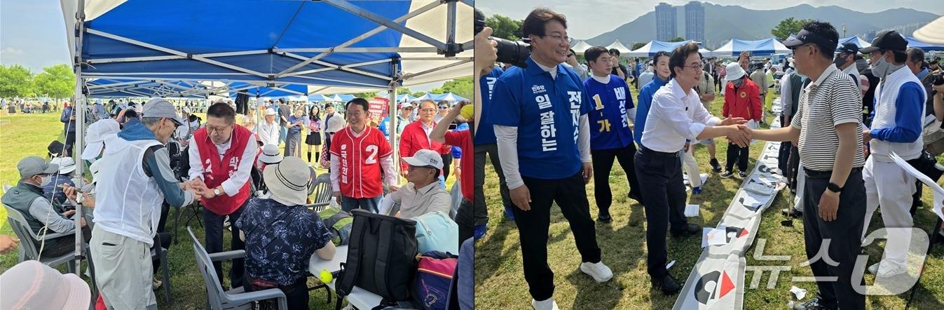 본문 이미지 - 박형준 국민의힘 부산시장 후보(왼쪽 사진)와 전재수 더불어민주당 부산시장 후보가 25일 부산 강서구 대저생태공원 파크골프장을 찾아 지지를 호소하고 있다.2026.5.25 ⓒ 뉴스1 이주현 기자