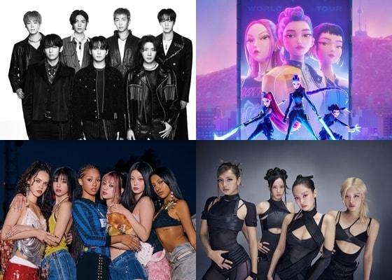 본문 이미지 - (왼쪽 위부터 시계방향으로) 방탄소년단, 케이팝 데몬 헌터스, 블랙핑크, 캣츠아이
