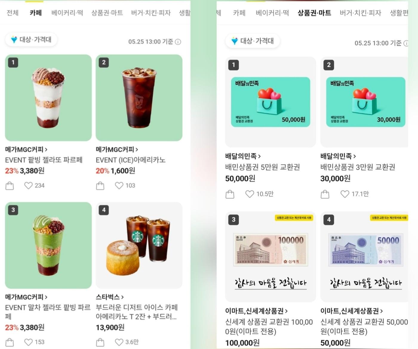 본문 이미지 - 25일 오후 1시 기준 카카오톡 선물하기 순위. 왼쪽은 카페 카페고리, 오른쪽은 상품권 카테고리 모습. (카카오톡 갈무리)