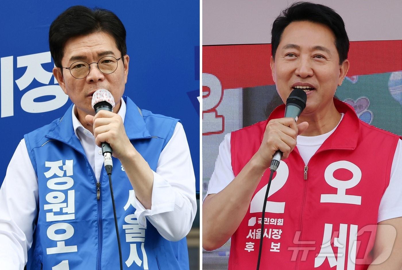 본문 이미지 - 정원오(왼쪽) 더불어민주당, 오세훈 국민의힘 서울시장 후보가 25일 각각 서울 양천구 현대백화점 목동점 앞, 도봉구 홈플러스 방학점 앞에서 지지를 호소하고 있다. 2026.5.25 ⓒ 뉴스1 최지환 기자,김진환 기자