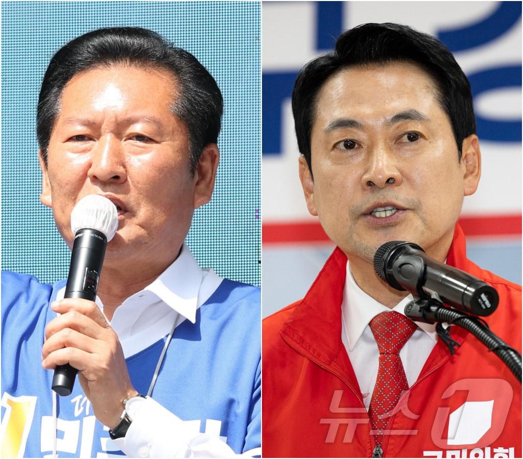 본문 이미지 - 정청래 더불어민주당 대표(왼쪽)와 장동혁 국민의힘 대표가 25일 각각 전북 전주시 전북대학교 구정문 앞과 대구 수성구 국민의힘 대구시당에서 열린 대구·경북 공동 비전선포식에서 인사말을 하고 있다. 2026.5.25 ⓒ 뉴스1 유경석 기자,유승관 기자