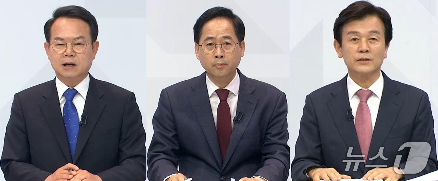 본문 이미지 - 진주시장 후보들 왼쪽부터 갈상돈, 한경호, 조규일(MBC 경남 방송화면 갈무리). 2026.5.26