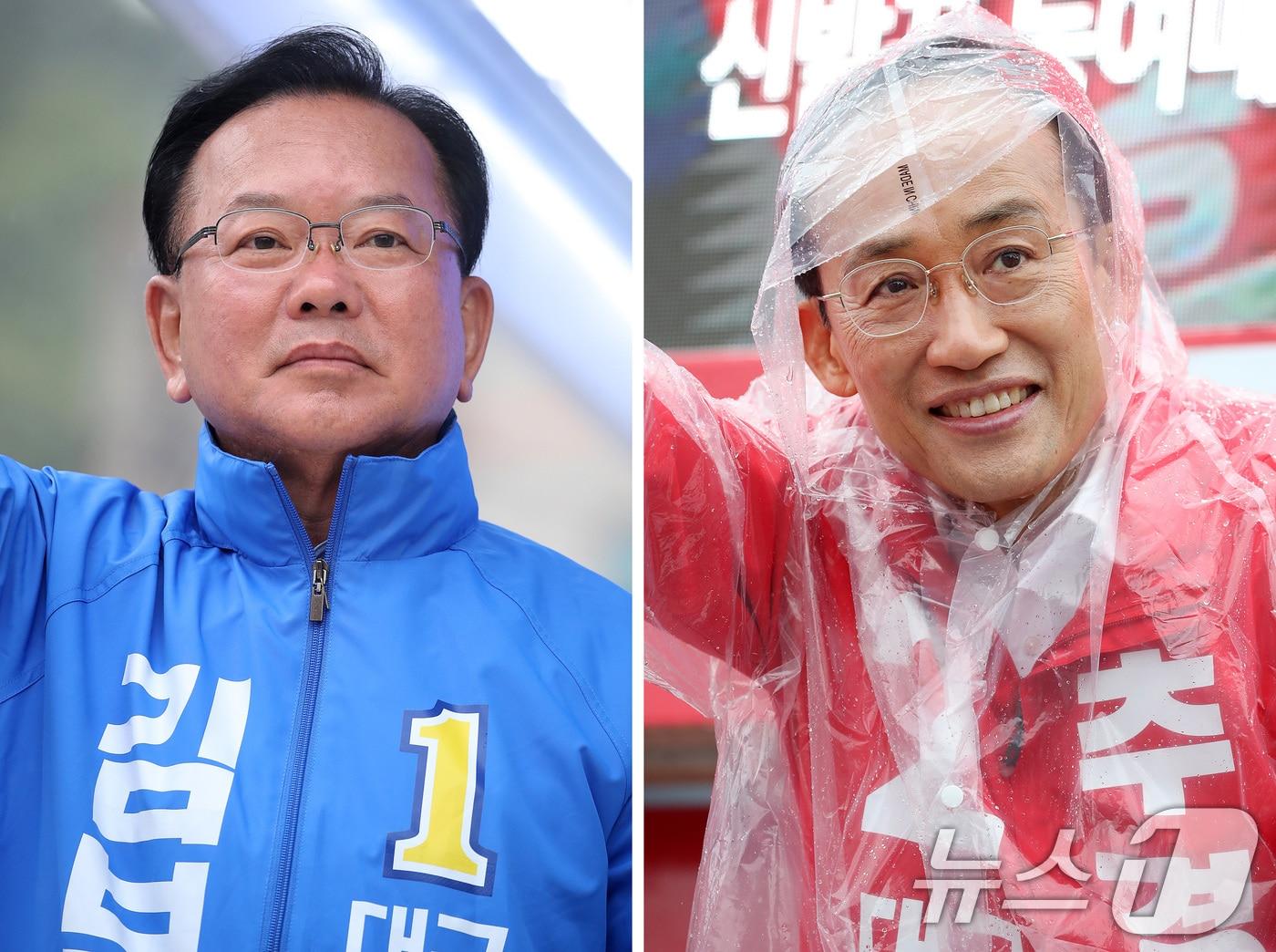 본문 이미지 - 김부겸 더불어민주당 대구시장 후보(왼쪽)가 27일 오전 대구 북구 태전네거리에서 출근길 시민들을 향해 인사하고 있다. 같은 날 오전 추경호 국민의힘 대구시장 후보는 북구 팔달교 앞에서 아침 인사를 하고 있다. 2026.5.27 ⓒ 뉴스1 공정식 기자