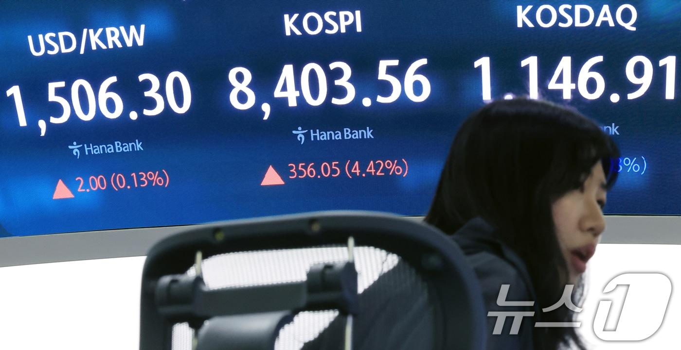 본문 이미지 - 코스피가 장중 최초로 8400을 돌파한 27일 서울 중구 하나은행 딜링룸 현황판에 코스피가 표시되고 있다. 이날 코스피는 전날보다 194.61포인트(2.42%) 오른 8242.12로 출발했다. 2026.5.27 ⓒ 뉴스1 이호윤 기자