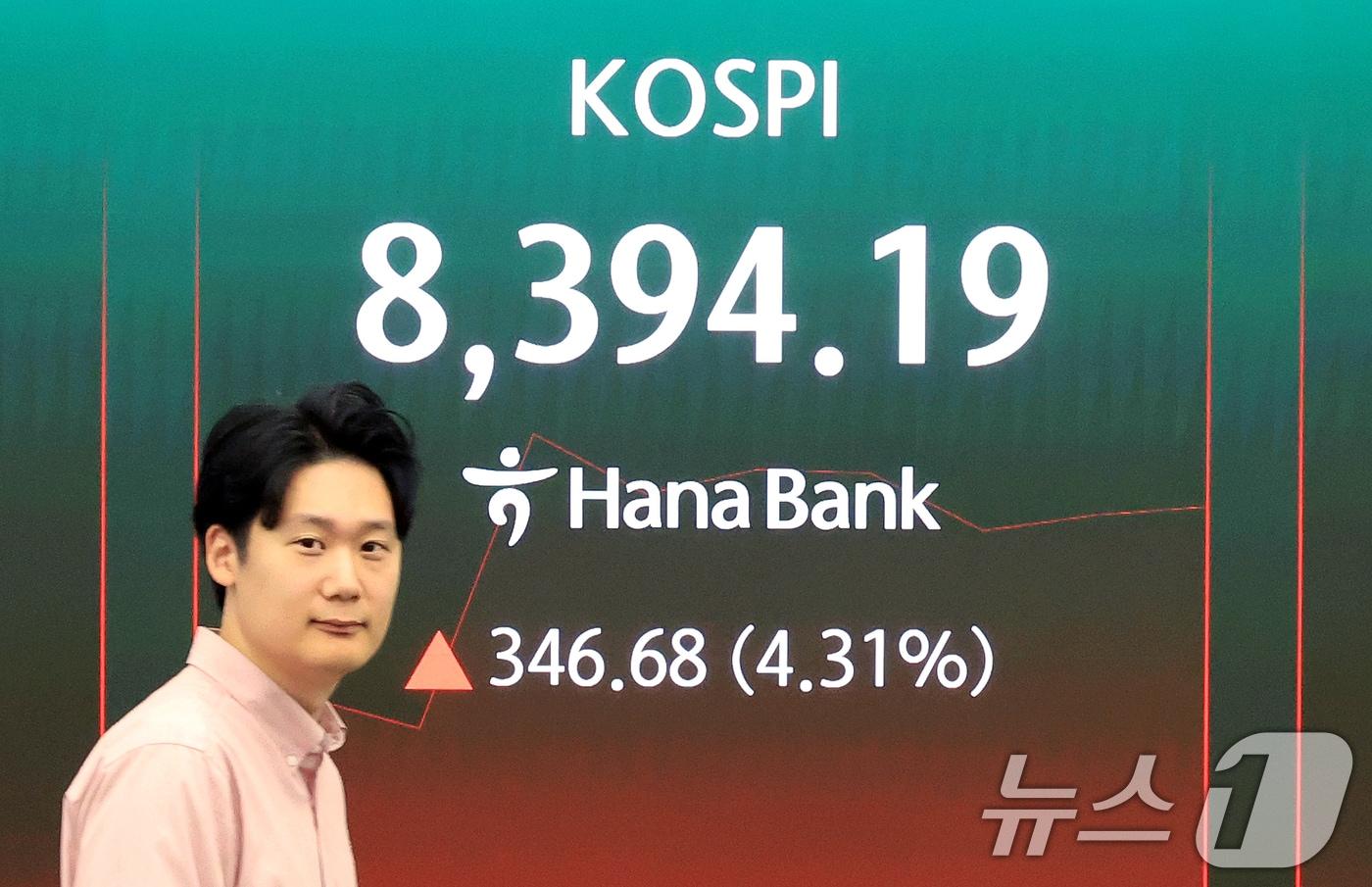 본문 이미지 - 27일 서울 중구 하나은행 딜링룸 현황판에 코스피 등 증시가 표시되고 있다. 이날 코스피는 전날보다 194.61포인트(2.42%) 오른 8242.12로 출발했다. 2026.5.27 ⓒ 뉴스1 이호윤 기자