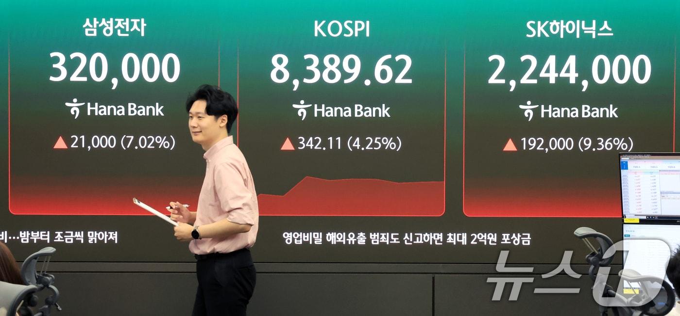 본문 이미지 - 삼성전자와 SK하이닉스가 레버리지 상장지수펀드(ETF)에 출시된 27일 서울 중구 하나은행 딜링룸 현황판에 증시가 표시되고 있다. 2026.5.27 ⓒ 뉴스1 이호윤 기자