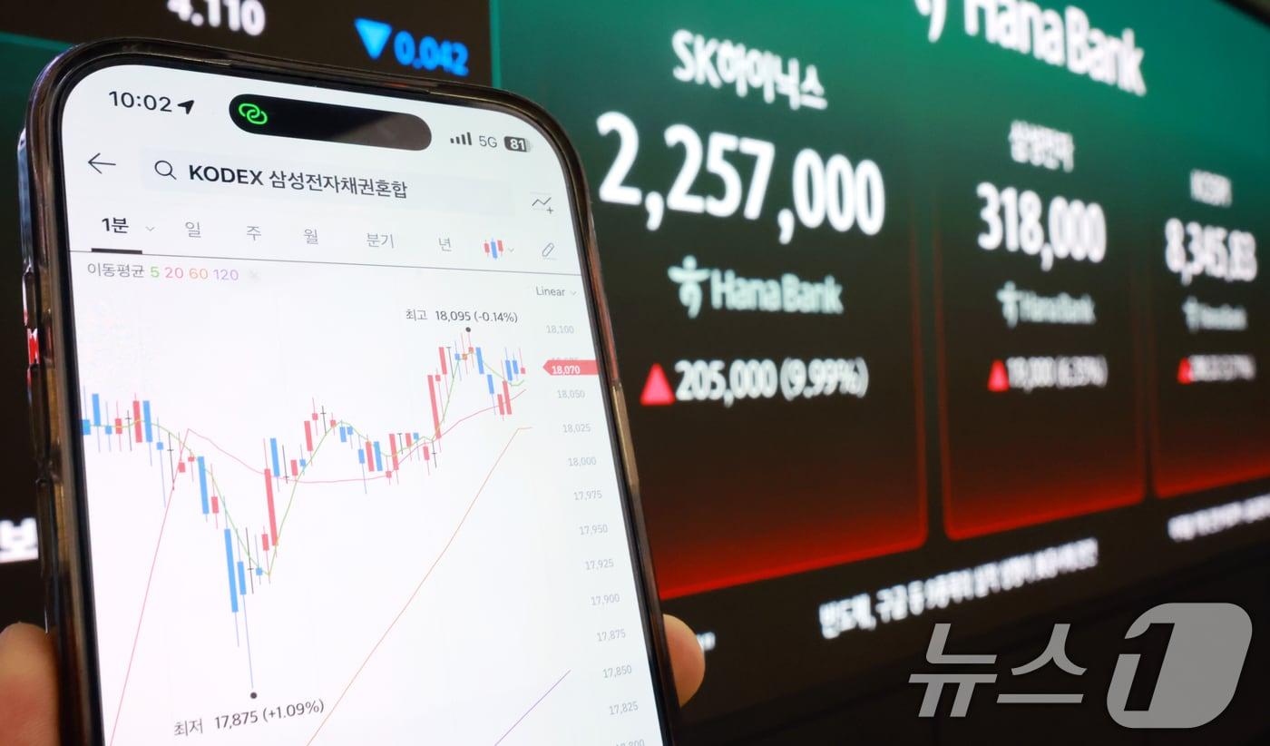 본문 이미지 - 삼성전자와 SK하이닉스가 레버리지 상장지수펀드(ETF)에 출시된 27일 서울 중구 하나은행 딜링룸 현황판에 증시가 표시되고 있다. 2026.5.27 ⓒ 뉴스1 이호윤 기자
