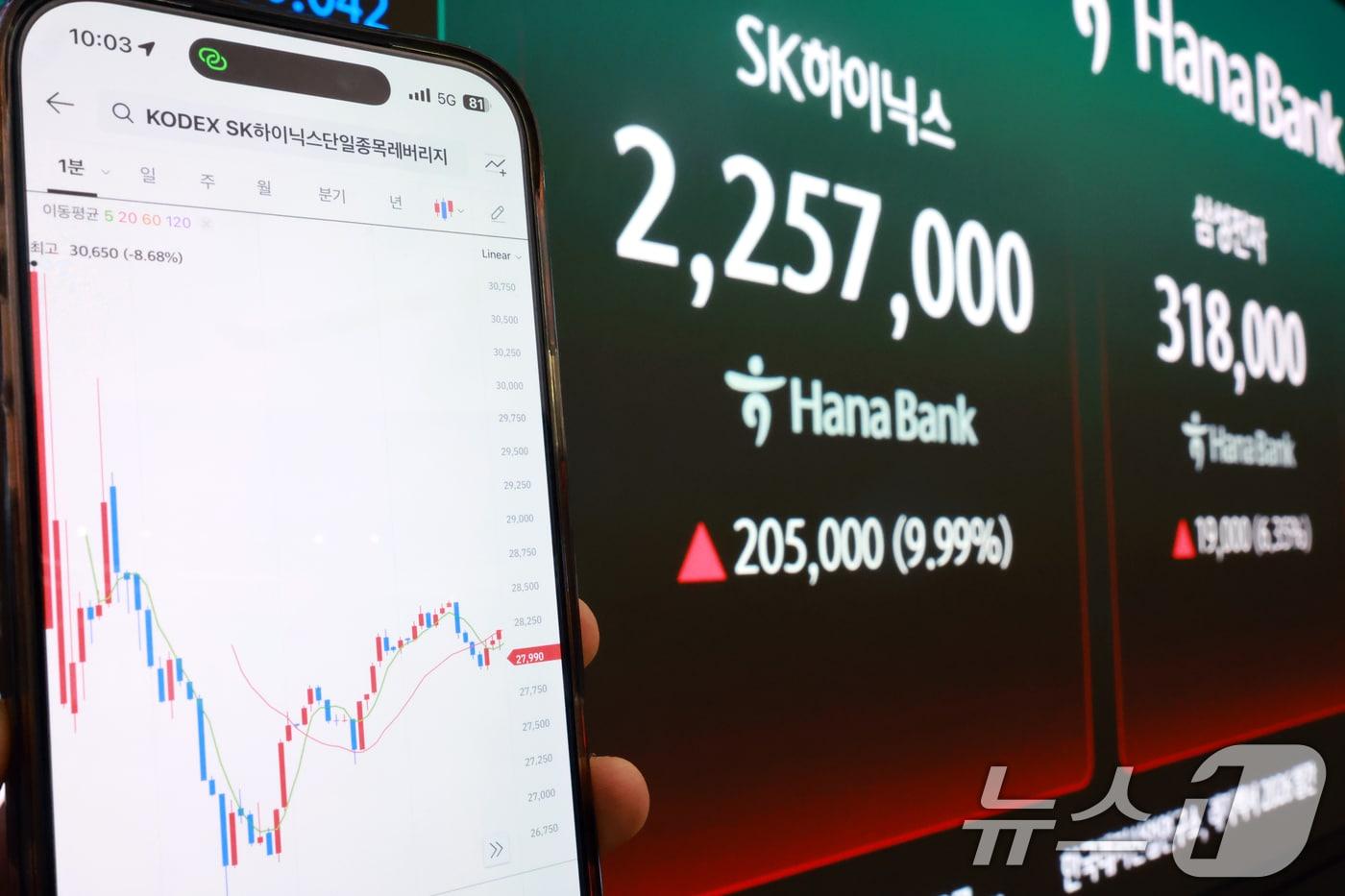 본문 이미지 - 삼성전자와 SK하이닉스가 레버리지 상장지수펀드(ETF)에 출시된 27일 서울 중구 하나은행 딜링룸 현황판에 증시가 표시되고 있다. 2026.5.27 ⓒ 뉴스1 이호윤 기자
